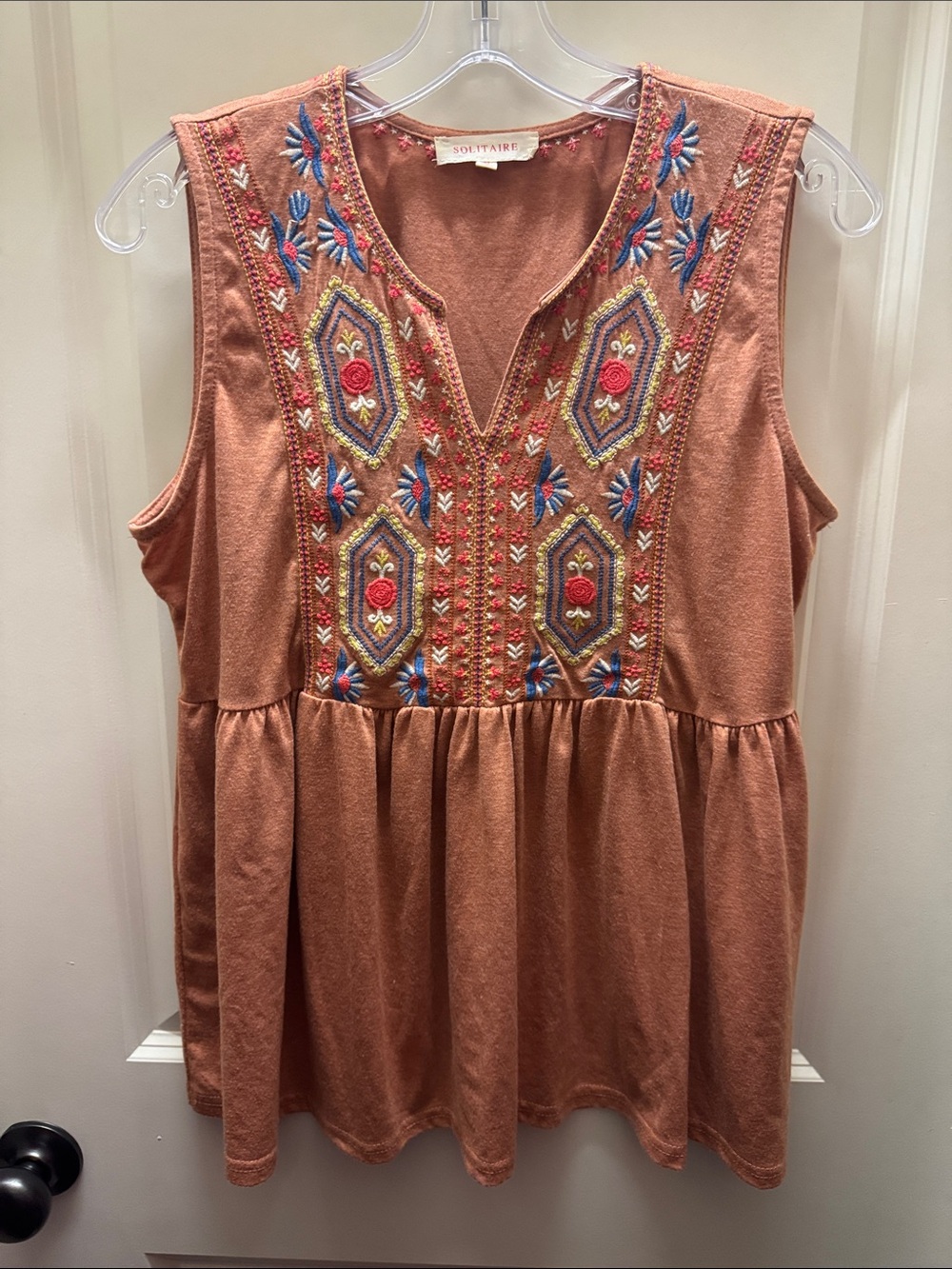 Solitaire Rust Embroidered Sleeveless Peplum Tank